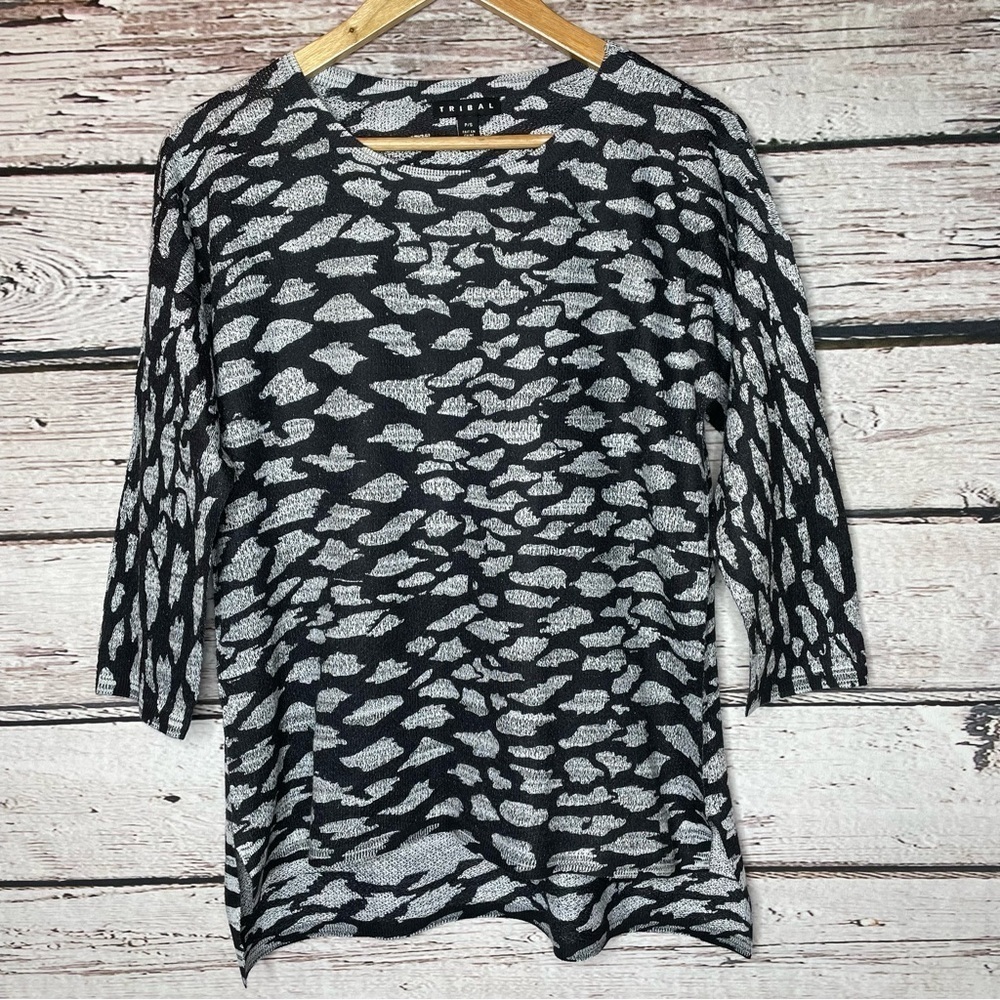 Tribal Black Gray Petite Small PS SP Hi‎ Lo Lightweight Sweater Top 3/4 Sleeves